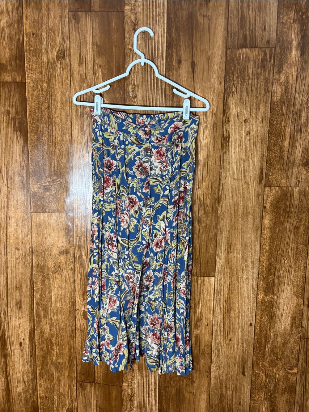 Casual Corner Navy Maxi Skirt with Pink Floral and Green Leaves
